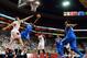 Jan 9, 2014; Louisville, KY, USA; Memphis Tigers guard Joe Jackson (1) shoots against Louisville Cardinals forward Stephan Van Treese (44) during the first half at the KFC Yum! Center. Mandatory Credit: Jamie Rhodes-USA TODAY Sports