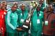 DURBAN, SOUTH AFRICA - AUGUST 14: Nigeria manager Stephen Keshi with the trophy after the 2013 Nelson Mandela Challenge match between South Africa and Nigeria at Moses Mabhida Stadium on August 14, 2013 in Durban, South Africa. (Photo by Anesh Debiky/Gall