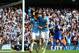 MANCHESTER, ENGLAND - OCTOBER 05: Sergio Aguero of Manchester City celebrates with teammate Alvaro Negredo (R) after scoring his team's third goal from the penalty spot during the Barclays Premier League match between Manchester City and Everton at Etiha