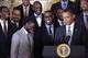 Jan 28, 2013; Washington, DC, USA; Miami Heat guard Dwayne Wade (left) and small forward LeBron James react during a visit with president Barack Obama to honor the NBA champion Miami Heat at the White House. Mandatory Credit: Jack Gruber-USA TODAY