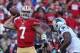 Nov 10, 2013; San Francisco, CA, USA; San Francisco 49ers quarterback Colin Kaepernick (7) throws for an incomplete pass from the endzone against the Carolina Panthers during the fourth quarter at Candlestick Park. The Carolina Panthers defeated the San F