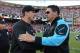 November 10, 2013; San Francisco, CA, USA; San Francisco 49ers head coach Jim Harbaugh (left) shakes hands with Carolina Panthers head coach Ron Rivera (right) after the game at Candlestick Park. The Panthers defeated the 49ers 10-9. Mandatory Credit: Kyl