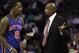 Apr 26, 2012; Charlotte, NC, USA New York Knicks head coach Mike Woodson talks with New York Knicks shooting guard J.R. Smith (8) after a foul call during the first half. The New York Knicks defeated the Charlotte Bobcats 104-84 at Time Warner Cable Arena