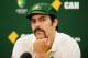 SYDNEY, AUSTRALIA - JANUARY 05: Mitchell Johnson of Australia looks on during a press conference after winning the Ashes series 5-0 during day three of the Fifth Ashes Test match between Australia and Englad at Sydney Cricket Ground on January 5, 2014 in