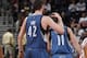 OAKLAND, CA - MARCH 19: Kevin Love #42 of the Minnesota Timberwolves grabs a hold of his teammate Jose Barea #11 in a game against the Golden State Warriors on March 19, 2012 at Oracle Arena in Oakland, California. NOTE TO USER: User expressly acknowledge