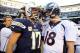 Nov 10, 2013; San Diego, CA, USA; San Diego Chargers quarterback Philip Rivers (17) talks with Denver Broncos quarterback Peyton Manning (18) after a Broncos win at Qualcomm Stadium. The Broncos won 28-20. Mandatory Credit: Christopher Hanewinckel-USA TOD