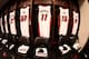 NEW YORK, NY - JANUARY 10: Joel Anthony #50, Chris Andersen #11, Mario Chalmers #15 and Michael Beasley #8 of the Miami Heat jerseys hang in their locker prior to a game at the Barclays Center on January 10, 2014 in the Brooklyn borough of New York City.