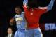 Jan 5, 2014; Los Angeles, CA, USA; Denver Nuggets guard Nate Robinson (10) and Denver Nuggets forward Kenneth Faried (35) celebrate after a time out is called against the Los Angeles Lakers during the fourth period at Staples Center. The Denver Nuggets de