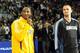 LONDON, ENGLAND - OCTOBER 4: Kobe Bryant #24 of the Los Angeles Lakers and Kevin Love #42 of the Minnesota Timberwolves talk to the crowd at The O2 arena on October 4, 2010 in London, England. NOTE TO USER: User expressly acknowledges and agrees that, b