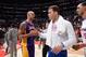 LOS ANGELES, CA - JANUARY 10: Robert Sacre #50 of the Los Angeles Lakers and Blake Griffin #32 of the Los Angeles Clippers shake hands after a game at STAPLES Center on January 10, 2014 in Los Angeles, California. NOTE TO USER: User expressly acknowledges