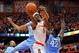 Jan 11, 2014; Syracuse, NY, USA; Syracuse Orange forward C.J. Fair (5) takes a shot around North Carolina Tar Heels forward Joel James (42) during the first half at the Carrier Dome. Mandatory Credit: Rich Barnes-USA TODAY Sports