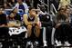 Nov 3, 2013; Orlando, FL, USA; Brooklyn Nets point guard Deron Williams (8), center Brook Lopez (11), power forward Kevin Garnett (2) and small forward Paul Pierce (34) react on the bench against the Orlando Magic during the second half at Amway Center. O