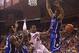 Jan 11, 2014; Clemson, SC, USA; Clemson Tigers forward Jaron Blossomgame (5) and Duke Blue Devils forward Jabari Parker (right) attempt to get the rebound during the first half at J.C. Littlejohn Coliseum. Mandatory Credit: Joshua S. Kelly-USA TODAY Sport