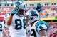 November 4, 2012; Landover, MD, USA; Carolina Panthers wide receiver Steve Smith (89) celebrates with Panthers tight end Greg Olsen (88) after catching a touchdown pass against the Washington Redskins at FedEx Field. Mandatory Credit: Geoff Burke-USA TODA