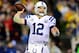 Jan 11, 2014; Foxborough, MA, USA; Indianapolis Colts quarterback Andrew Luck (12) throws a pass during the fourth quarter of the 2013 AFC divisional playoff football game against the New England Patriots at Gillette Stadium. Mandatory Credit: Andrew Webe