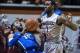 Feb 21, 2013; Blacksburg, VA, USA; Duke Blue Devils forward Josh Hairston (15) draws a charge on Virginia Tech Hokies guard Robert Brown (1) during the first half at Cassell Coliseum. Mandatory Credit: Peter Casey-USA TODAY Sports