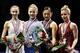 Jan 11, 2014; Boston, MA, USA; (From left to right) Silver medalist Polina Edmunds , gold medalist Gracie Gold , bronze medalist Mirai Nagasu , pewter medalist Ashley Wagner stand on the podium after the Ladies Free Skate at the TD Garden. Mandatory Cred