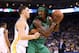 Jan 10, 2014; Oakland, CA, USA; Boston Celtics small forward Gerald Wallace (45) controls the ball against Golden State Warriors shooting guard Klay Thompson (11) during the second quarter at Oracle Arena. Mandatory Credit: Kelley L Cox-USA TODAY Sports