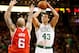 Dec 31, 2013; Boston, MA, USA; Boston Celtics power forward Kris Humphries (43) shoots over Atlanta Hawks center Pero Antic (6) during the second quarter of Atlanta's 92-91 win at TD Garden. Mandatory Credit: Winslow Townson-USA TODAY Sports