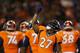DENVER, CO - JANUARY 12: Knowshon Moreno #27 of the Denver Broncos celebrates his fourth quarter touchdown against the San Diego Chargers during the AFC Divisional Playoff Game at Sports Authority Field at Mile High on January 12, 2014 in Denver, Colorad