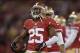Jan 12, 2013; San Francisco, CA, USA; San Francisco 49ers cornerback Tarell Brown (25) celebrates after intercepting a pass against the Green Bay Packers during the second quarter of the NFC divisional round playoff game at Candlestick Park. Mandatory Cr