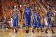 Jan 11, 2014; Clemson, SC, USA; Duke Blue Devils guard Andre Dawkins (34) , forward Jabari Parker (1) , guard Matt Jones (13) , guard Quinn Cook (2) and forward Rodney Hood (5) react during the second half against the Clemson Tigers at J.C. Littlejohn Col