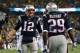 FOXBORO, MA - JANUARY 11: LeGarrette Blount #29 of the New England Patriots celebrates with teammate Tom Brady #12 in the end zone after scoring a 2 yard touchdown in the first quarter the Indianapolis Colts during the AFC Divisional Playoff game at Gil