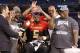 Jan 2, 2014; St. Petersburg, FL, USA; Team Highlight running back Leonard Fournette (5) verbally commits to LSU Tigers with his family on ESPN during the second half at Tropicana Field. Team Highlight defeated the Team Nitro 31-21. Mandatory Credit: Kim K
