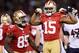 SAN FRANCISCO, CA - NOVEMBER 19: Michael Crabtree #15 of the San Francisco 49ers celebrates with Vernon Davis #85 after a 20 yard pass reception in the second quarter of the game at Candlestick Park on November 19, 2012 in San Francisco, California. (Ph