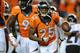 DENVER, CO - SEPTEMBER 5: Chris Harris #25 of the Denver Broncos celebrates following his interception in the second quarter against the Baltimore Ravens during the game at Sports Authority Field at Mile High on September 5, 2013 in Denver Colorado. (Phot