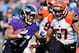 Nov 10, 2013; Baltimore, MD, USA; Baltimore Ravens running back Ray Rice (27) runs with the ball as Cincinnati Bengals linebacker Vincent Rey (57) defends at M&T Bank Stadium. Mandatory Credit: Evan Habeeb-USA TODAY Sports