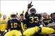 Aug 31, 2013; Ann Arbor, MI, USA; (Editors note: Caption correction) Michigan Wolverines defensive back Blake Countess (18) and defensive end Taco Charlton (33) celebrate with fans after the game against the Central Michigan Chippewas at Michigan Stadium.
