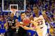 LAWRENCE, KS - JANUARY 05: JJ O'Brien #20 of the San Diego State Aztecs defends on a fast break by Andrew Wiggins #22 of the Kansas Jayhawks during the game at Allen Fieldhouse on January 5, 2014 in Lawrence, Kansas. (Photo by Jamie Squire/Getty Images)