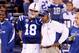 INDIANAPOLIS - DECEMBER 27: Peyton Manning #18 of the Indianapolis Colts and Head Coach Jim Caldwell are pictured on the sideline during the NFL game against the New York Jets at Lucas Oil Stadium on December 27, 2009 in Indianapolis, Indiana. Manning an