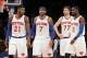 Jan 13, 2014; New York, NY, USA; New York Knicks shooting guard Iman Shumpert (21) and Knicks small forward Carmelo Anthony (7) and Knicks power forward Andrea Bargnani (77) and Knicks shooting guard Tim Hardaway Jr. (5) take the court for the final 0.2