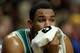 CHICAGO, IL - JANUARY 02: Jared Sullinger #7 of the Boston Celtics sits on the bench near the end of a game against the Chicago Bulls at the United Center on January 2, 2014 in Chicago, Illinois. The Bulls defeated the Celtics 94-82. NOTE TO USER: User ex