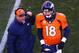 DENVER, CO - JANUARY 12: Peyton Manning #18 talks to head coach John Fox of the Denver Broncos in a time out in the first quarter during the AFC Divisional Playoff Game at Sports Authority Field at Mile High on January 12, 2014 in Denver, Colorado. (Ph