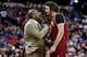 Jan 12, 2014; Sacramento, CA, USA; Cleveland Cavaliers head coach Mike Brown speaks to center Anderson Varejao (17) during the second quarter against the Sacramento Kings at Sleep Train Arena. Mandatory Credit: Kelley L Cox-USA TODAY Sports