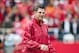 Sep 15, 2012; Fayetteville, AR, USA; Alabama Crimson Tide quarterbacks coach Doug Nussmeier runs through drills before the start of a game against the Arkansas Razorbacks at Donald W. Reynolds Razorback Stadium. Alabama defeated Arkansas 52-0. Mandatory C