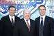 Jan 13, 2014; Los Angeles, CA, USA; Wayne Gretzky (left), Anaheim Ducks coach Bruce Boudreau (center) and Los Angeles Kings president of business operations Luc Robitaille at press conference at Dodger Stadium in advance of the NHL Stadium Series 2014 Los