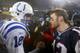 FOXBORO, MA - JANUARY 18: Quarterback Tom Brady #12 of the New England Patriots and quarterback Peyton Manning #18 of the Indianapolis Colts greet each other on the field after the AFC Championship Game on January 18, 2004 at Gillette Stadium in Foxboro,