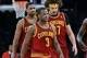 Jan 14, 2014; Los Angeles, CA, USA; Cleveland Cavaliers shooting guard Dion Waiters (3), center Anderson Varejao (17), small forward Luol Deng (9) and point guard Kyrie Irving (2) walk off the court in the fourth quarter of the game against the Los Angel