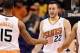 Dec 23, 2013; Phoenix, AZ, USA; Phoenix Suns forward Miles Plumlee (22) is congratulated by teammate forward Marcus Morris (15) in the first half against the Los Angeles Lakers at US Airways Center. The Suns won 117-90. Mandatory Credit: Jennifer Stewart
