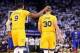 Dec 25, 2013; Oakland, CA, USA; Golden State Warriors small forward Andre Iguodala (9) celebrates with point guard Stephen Curry (30) after drawing a charge for an offensive foul against Los Angeles Clippers point guard Chris Paul (3) during the second qu