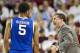 FAYETTEVILLE, AR - JANUARY 14: Head coach John Calipari yells at Andrew Harrison #5 during a game against the Arkansas Razorbacks at Bud Walton Arena on January 14, 2014 in Fayetteville, Arkansas. The Razorbacks defeated the Wildcats 87-85. (Photo by W