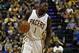 Dec 31, 2013; Indianapolis, IN, USA; Indiana Pacers shooting guard Lance Stephenson (1) dribbles the ball during the third quarter against the Cleveland Cavaliers at Bankers Life Fieldhouse. The Pacers won 91-76. Mandatory Credit: Pat Lovell-USA TODAY S