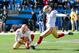 Jan 12, 2014; Charlotte, NC, USA; San Francisco 49ers kicker Phil Dawson (9) makes a field goal against the Carolina Panthers during the first quarter of the 2013 NFC divisional playoff football game at Bank of America Stadium. Mandatory Credit: Bob Donna
