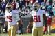 Jan 12, 2014; Charlotte, NC, USA; San Francisco 49ers wide receivers Michael Crabtree (15) and Anquan Boldin (81) on the field during the third quarter of the 2013 NFC divisional playoff football game at Bank of America Stadium. Mandatory Credit: Bob Donn