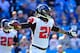 CHARLOTTE, NC - NOVEMBER 03: Desmond Trufant #21 of the Atlanta Falcons reacts after intercepting a pass from Cam Newton #1 of the Carolina Panthers during play at Bank of America Stadium on November 3, 2013 in Charlotte, North Carolina. (Photo by Grant