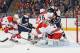 COLUMBUS, OH - JANUARY 10: Goaltender Anton Khudobin #31 of the Carolina Hurricanes watches a loose puck as he defends the net during the third period in a game against the Columbus Blue Jackets on January 10, 2014 at Nationwide Arena in Columbus, Ohio. C